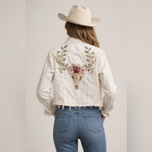 Driftwood Embroidered Western Denim Jacket Longhorn Floral Boho Trucker Medium - Picture 2 of 12